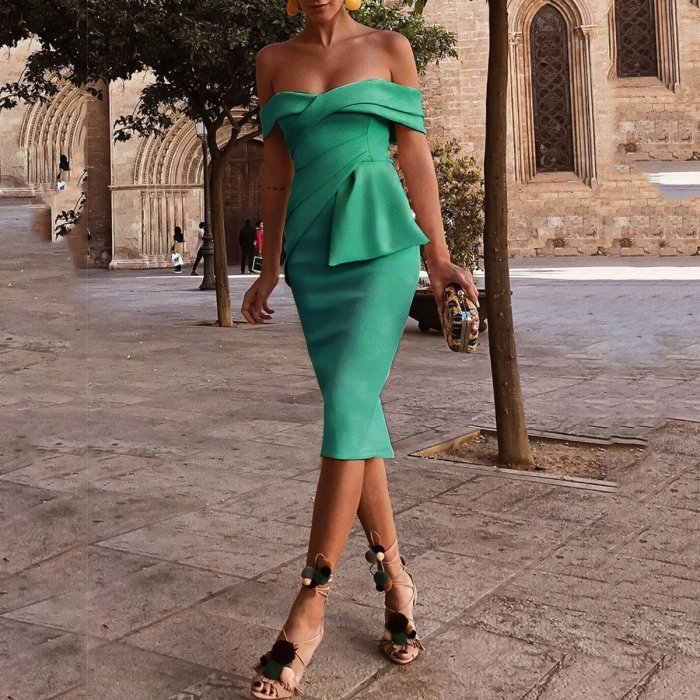 Sexy Apricot Off Shoulder Short Sleeves Bodycon Dress