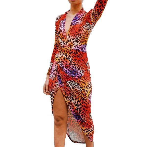 Sexy V Neck Leopard Print Split Bodycon Dresses