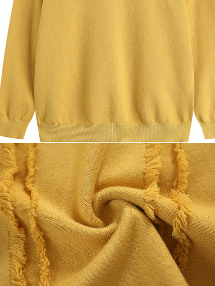 Handmade Frayed Round Neck Knitted Solid Long Sleeve Sweaters