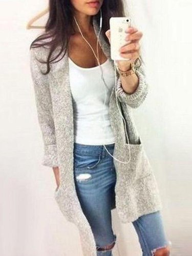 Plain With Pockets Collarless Cardigan