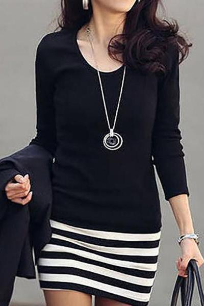 Crew Neck  Cutout  Contrast Stitching  Striped Bodycon Dresses