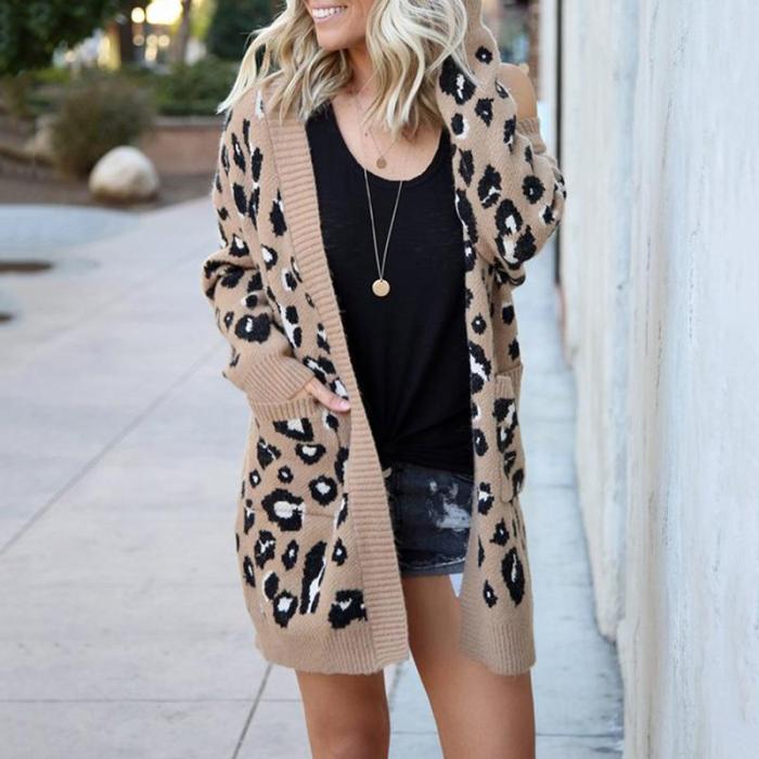 Fashion Leopard Print Pockets Loose Sweater Cardigan