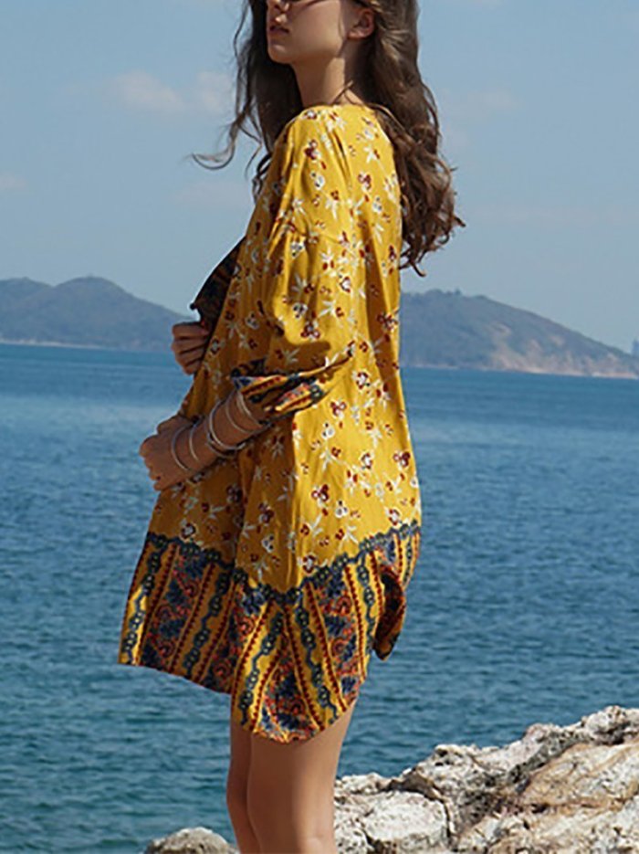 Summer Floral Print 3/4 Sleeve Cover up Swimwear Beachwear Bikini Cardigan