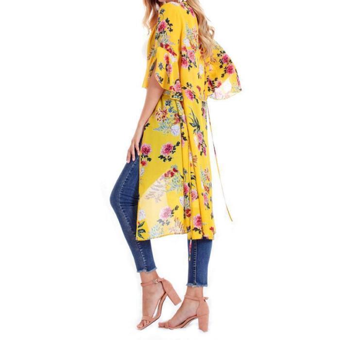 Female European And American Printed Chiffon Bat Sun Protective Cardigan