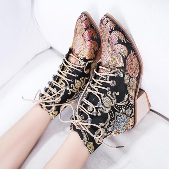 Vintage Embroidered High Heel Thick with pointed toe ankle boots