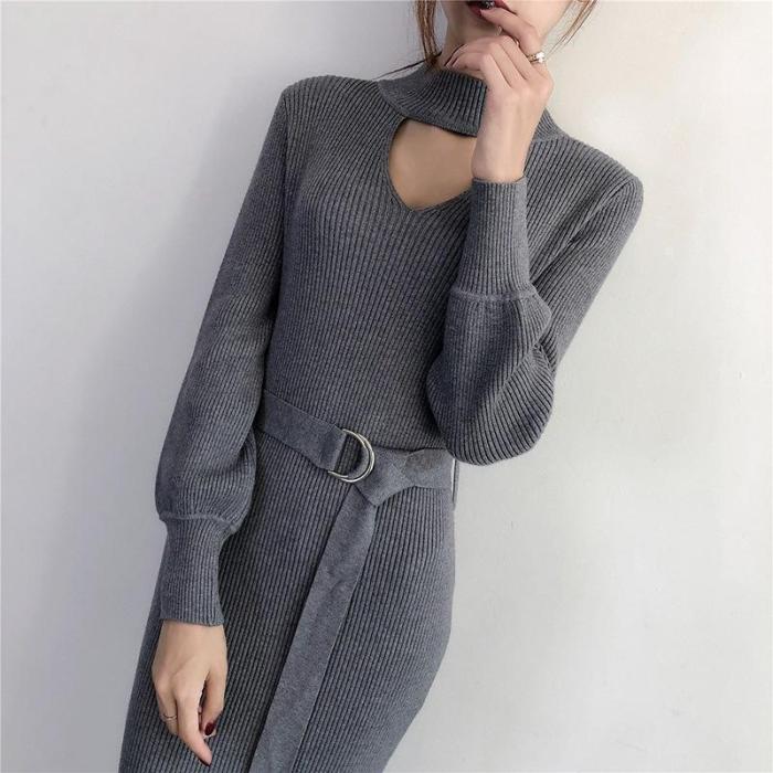 Casual Sexy Pure Color   Knitted Sweater Maxi Dresses