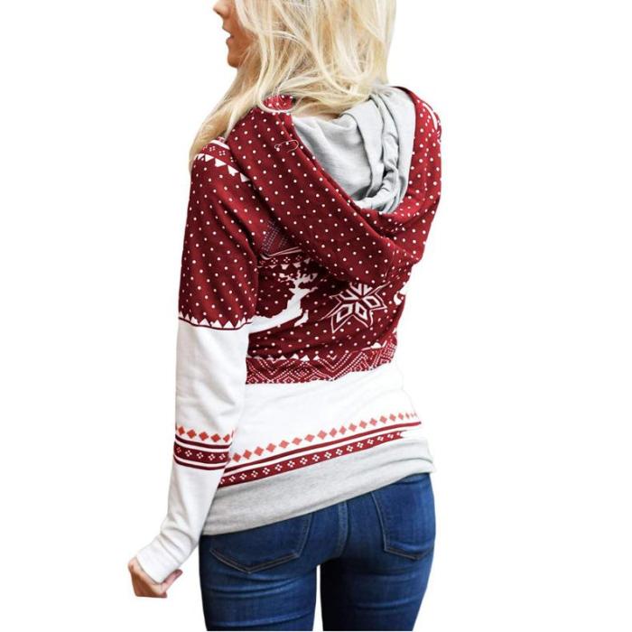 Women Christmas Zippered Printed Pocket Hooded Girl Snowflake long sleeve Sweatshirt