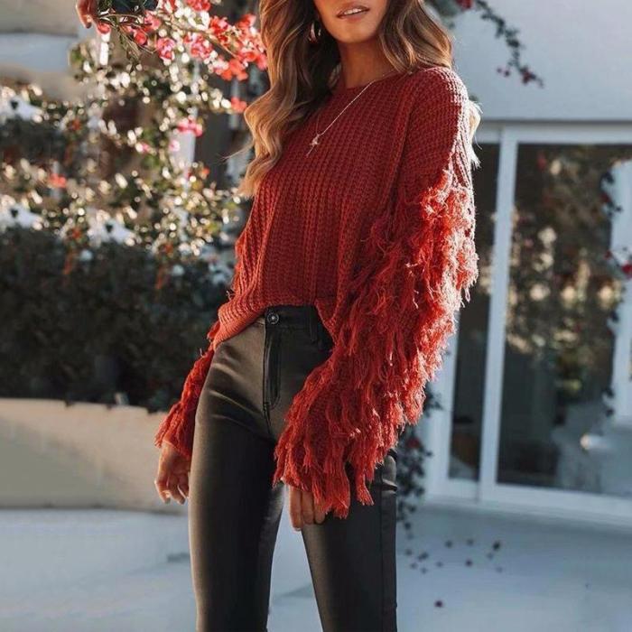 Fashion Round Collar Tassels Long Sleeves Plain Knitting Sweater