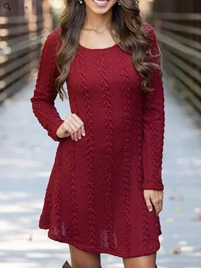 Casual Solid Knitted Crew Neck Long Sleeve Plus Size Dress