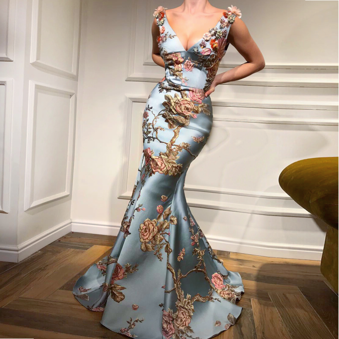 Sexy Deep V Collar Embroidery Floral Printed Fishtail Maxi Dress