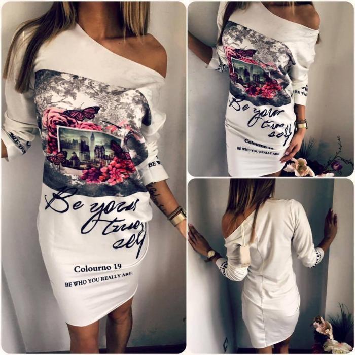 One Shoulder  Letters Printed  Long Sleeve Bodycon Dresses