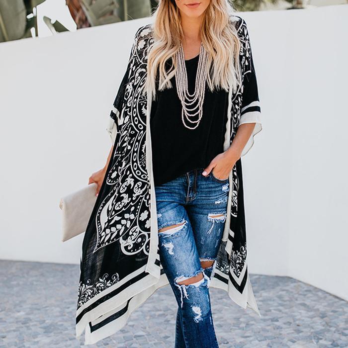 Printed Loose Casual Long Blouse Coat Cardigan