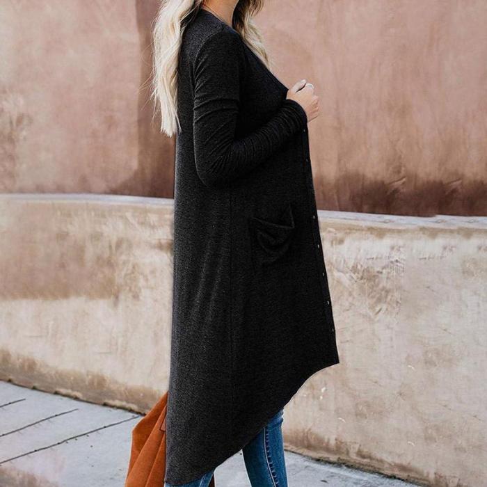 Casual Long Sleeve Pure Color High-Low Cardigan