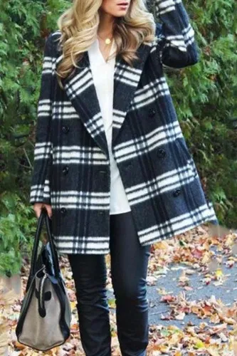 Fold Over Collar  Checkered Trench Coat