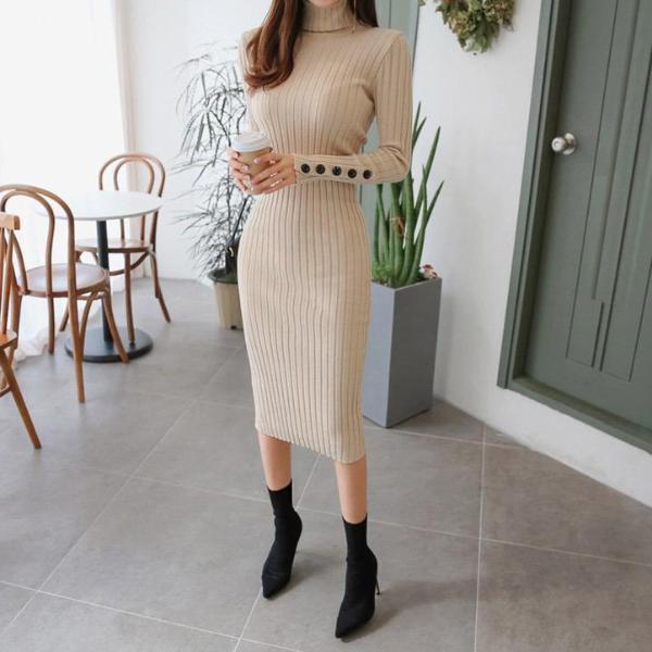 Casual Sexy High   Collar Pure Color Knitted Sweater Maxi Dresses