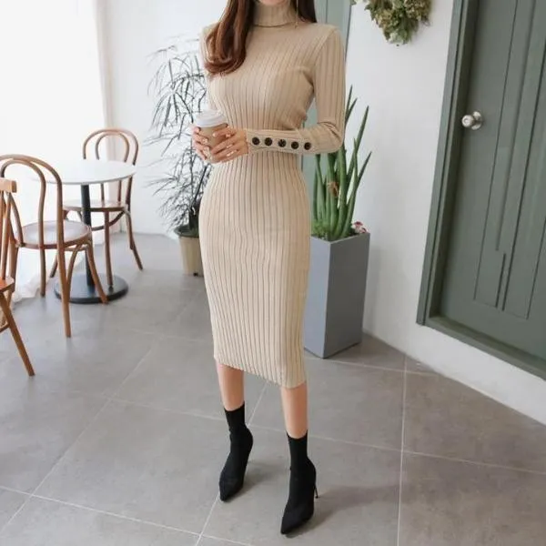 Casual Sexy High   Collar Pure Color Knitted Sweater Maxi Dresses