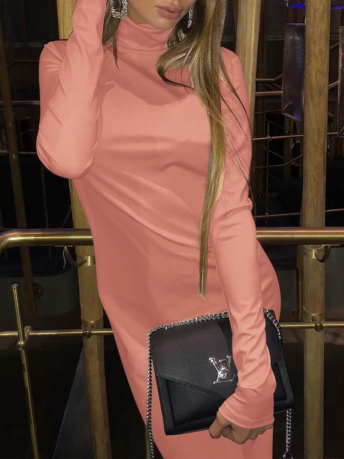 Casual High Collar Pure Colour Bodycon Dresses