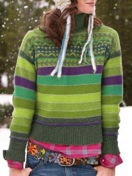 Color-Block Striped Casual Turtleneck Women's Sweaters