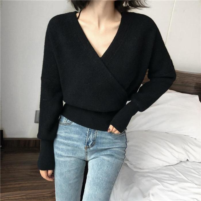 Fashion Sexy V Neck Pure Color Knitted Sweater