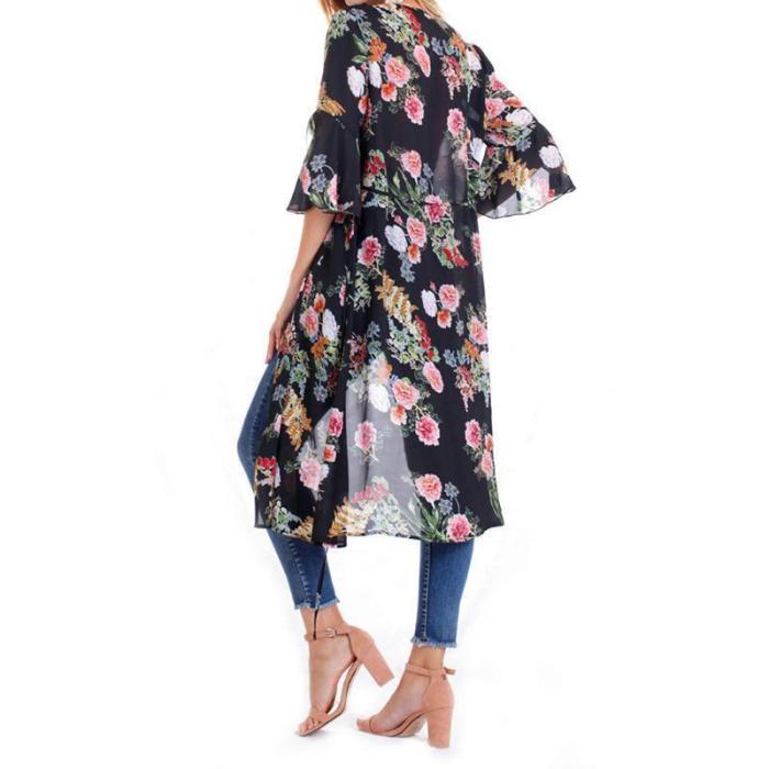 Female European And American Printed Chiffon Bat Sun Protective Cardigan