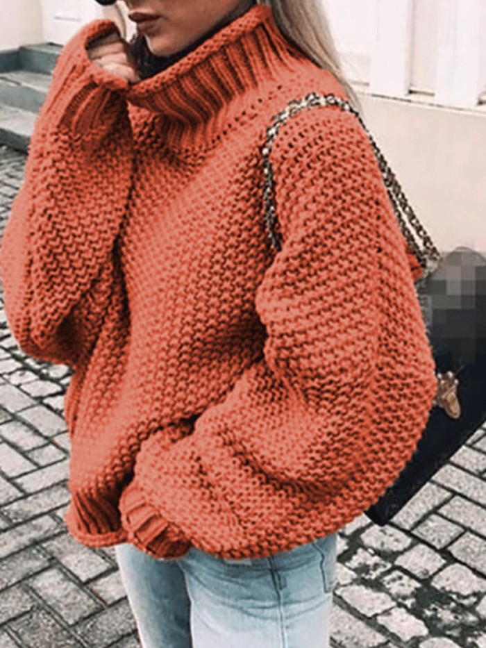 Female Roll Side High Collar Bat Sleeve Sweater