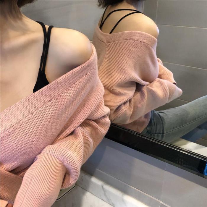 Fashion Sexy V Neck Pure Color Knitted Sweater