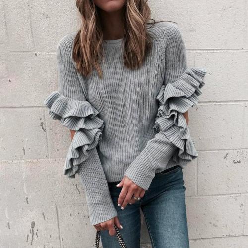 Fashion Pure Colour Ruffled Loose Round Neck Sweater