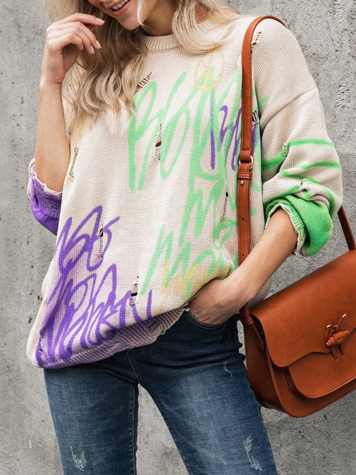 Long Sleeve Shift Color-Block Crew Neck Sweater