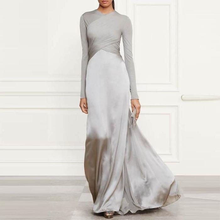 Pure Color Stitching Long Sleeve Evening Dress