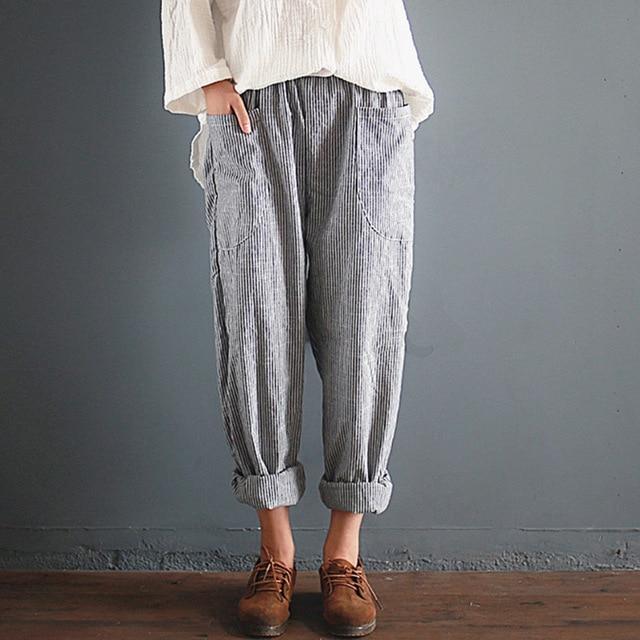 Plus Size Cotton Linen Loose High Waist Stripe Pocket Pant