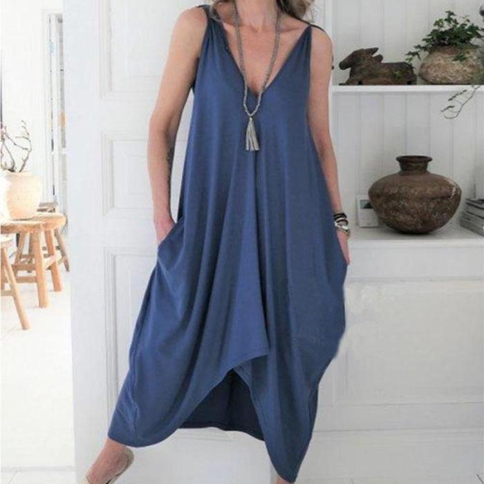 Sexy Solid Color V-Neck Irregular Dress