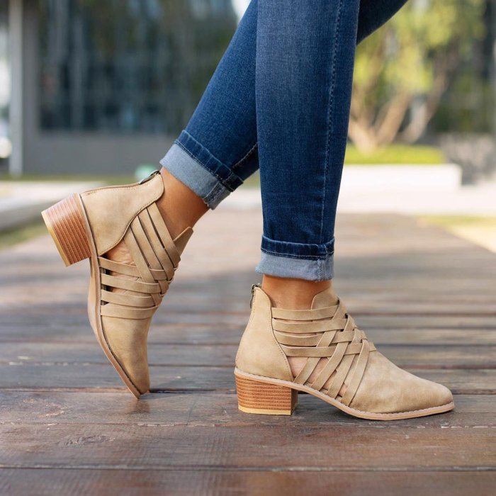 Plus Size Criss-Cross Ankle Heel Booties Hollow-out PU Boots