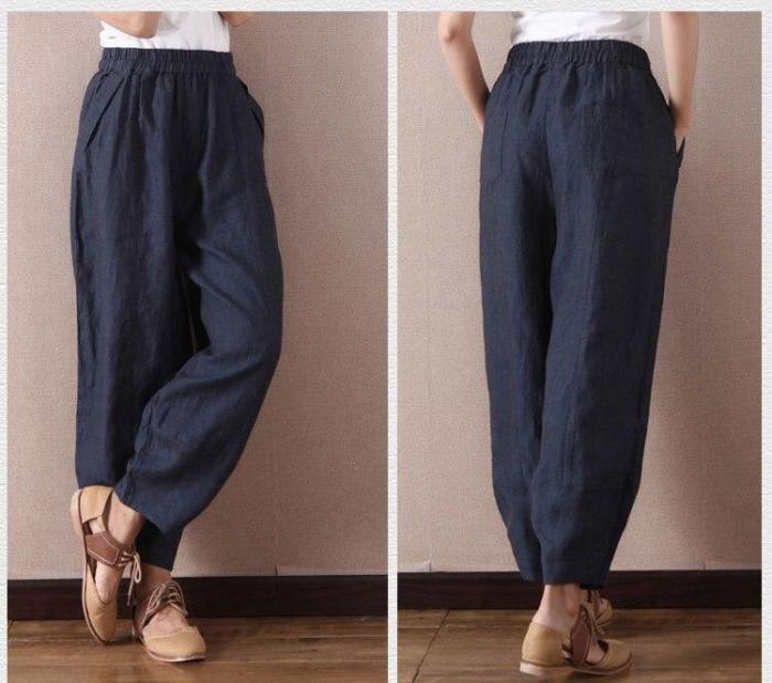 Linen Wide Leg Pants Loose Elastic Waist Trousers Casual Bloomers