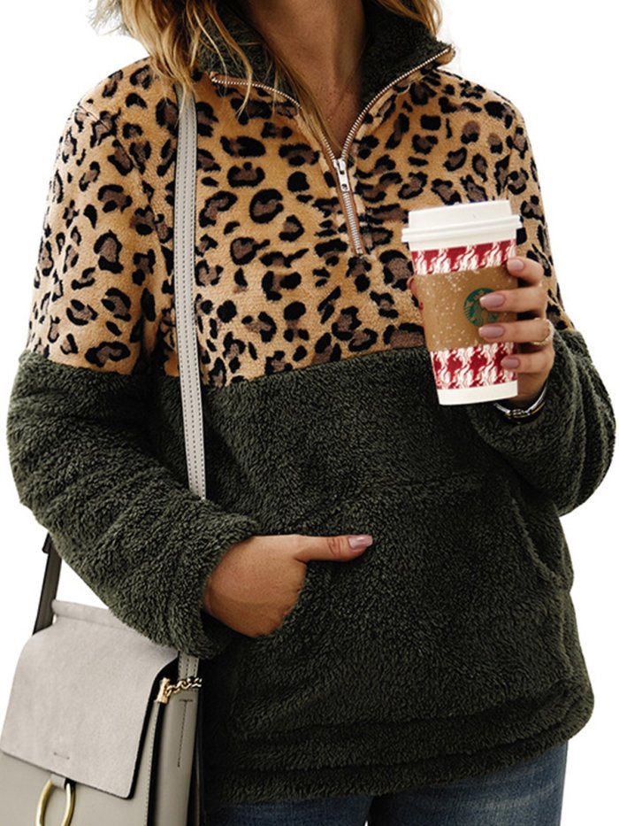 Stand Collar Leopard Print Long Sleeve Casual Outerwear