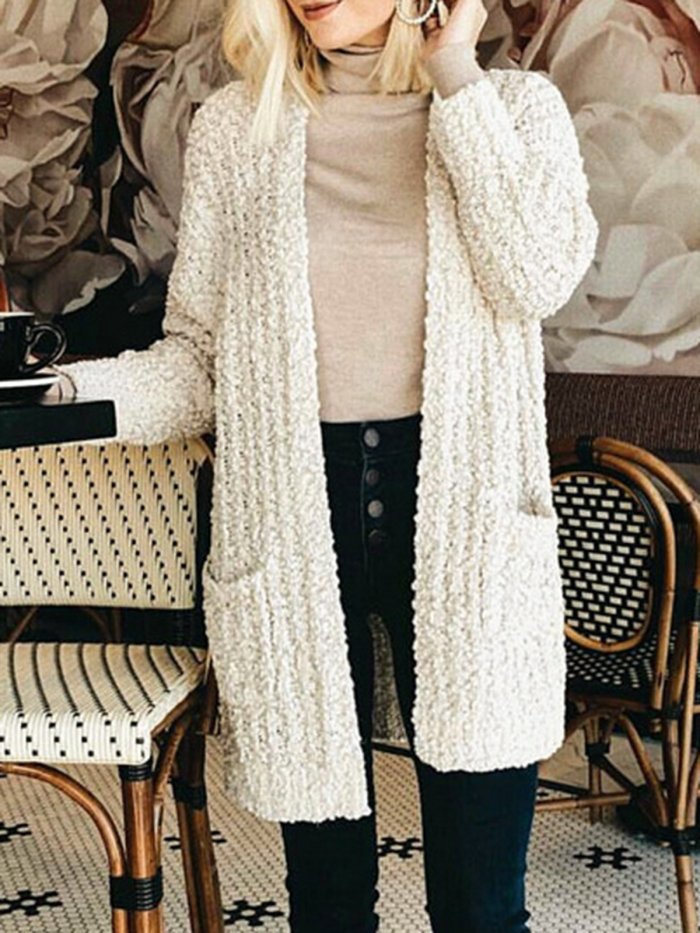 Acrylic Solid Long Sleeve Pockets Cardigans