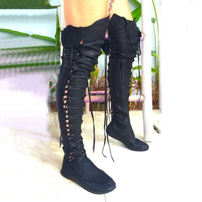 Women PU Booties Casual Lace Up Knee Length Flat Shoes