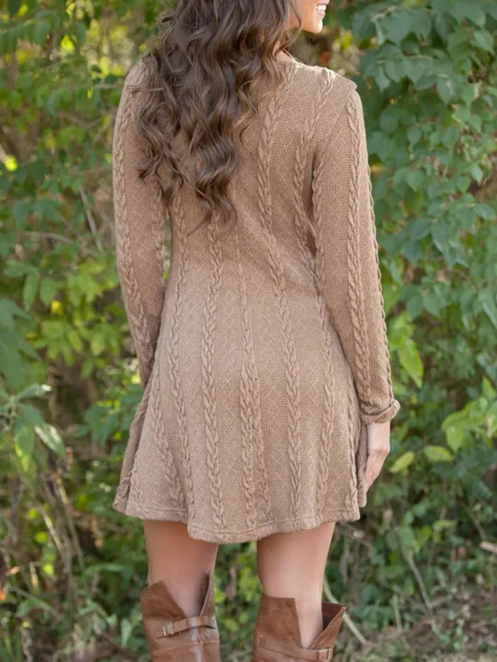 Casual Solid Knitted Crew Neck Long Sleeve Plus Size Dress