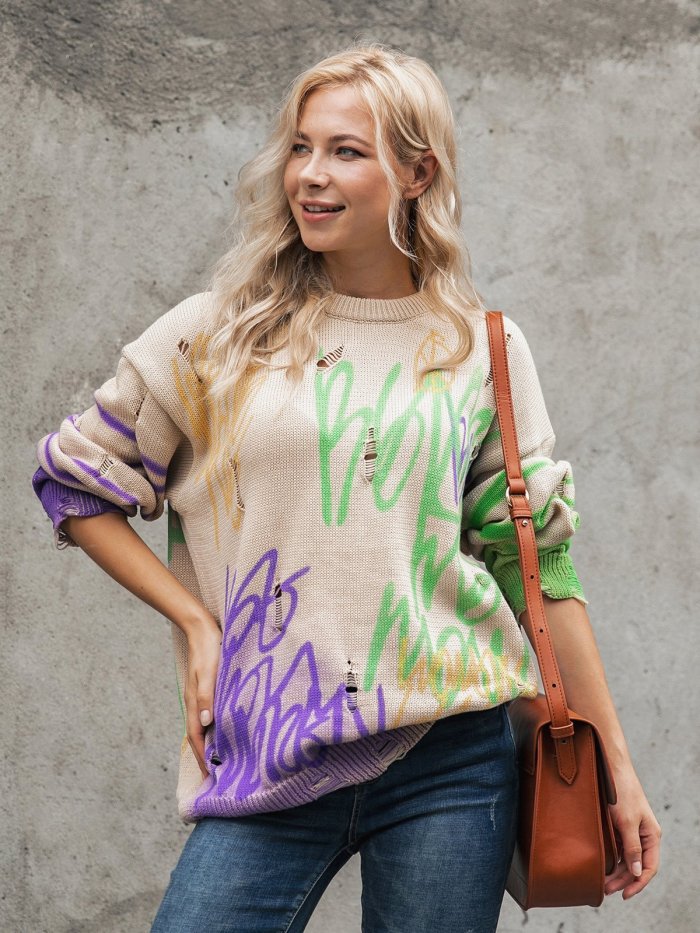 Long Sleeve Shift Color-Block Crew Neck Sweater