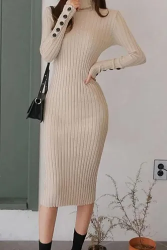 Casual Sexy High   Collar Pure Color Knitted Sweater Maxi Dresses