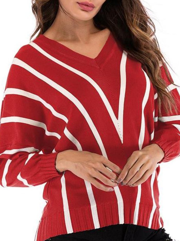 V  Neck  Striped  Basic Sweaters