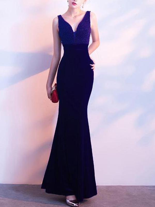 Elegant Fishtail V Collar Sexy Evening Dress