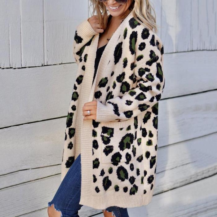 Fashion Leopard Print Pockets Loose Sweater Cardigan