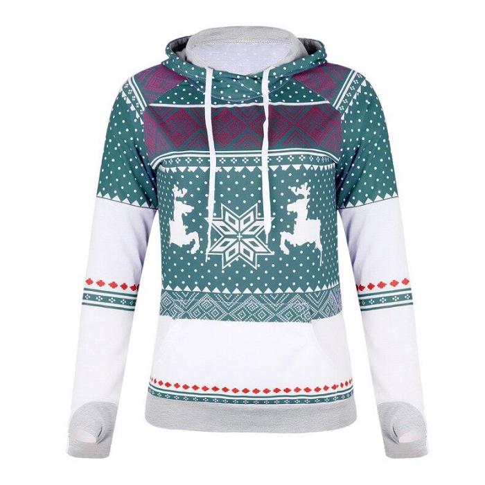 Women Christmas Zippered Printed Pocket Hooded Girl Snowflake long sleeve Sweatshirt