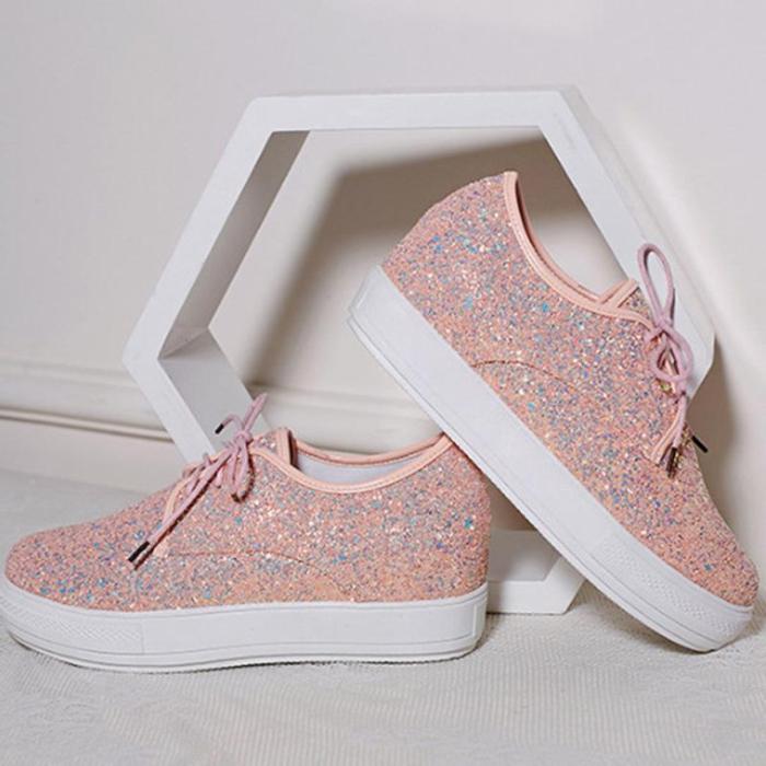 Casual Brisk Paillette Lace-Up Wedges Heels Sneakers