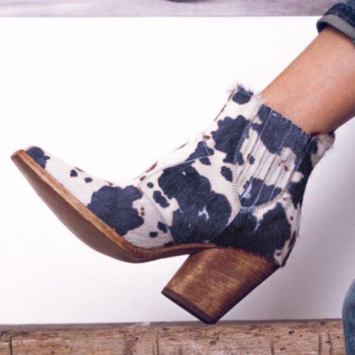 Leopard PU artificial leather chunky heel boots