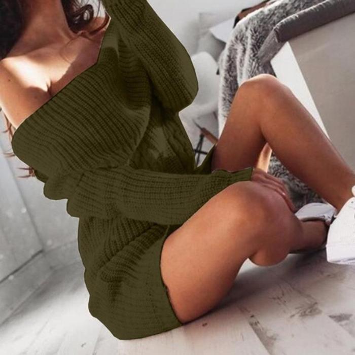 Women's Fashion Boat Neck Off-Shoulder Bag Hip Knit Dress