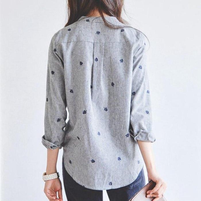 Embroidery Long Sleeve Blouses Casual Blouse