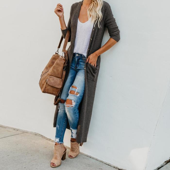 New solid color button big pocket casual long style cardigan coat