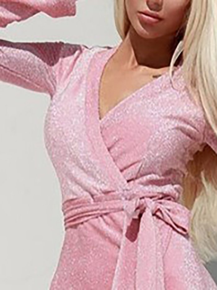 Surplice  Flounce  Belt Shimmering Powder  Tie/Dye Bodycon Dresses