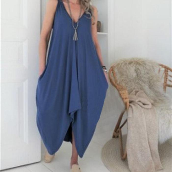 Sexy Solid Color V-Neck Irregular Dress